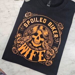 Biker wife shirt cute skull motorcycle rider riding wifey black and orange